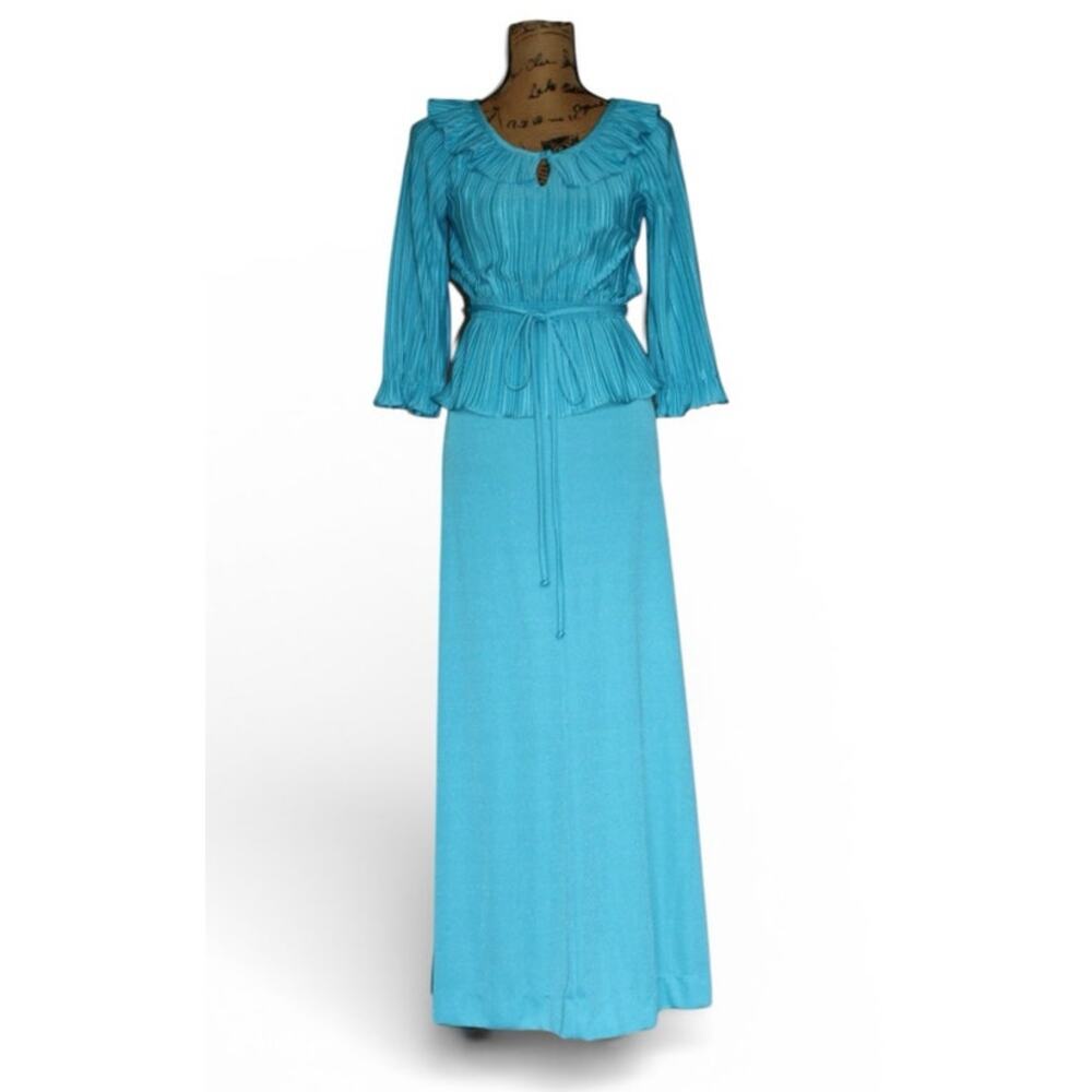 VTG 70s Hal Ferman Teal Shimmer Polyester Maxi Skirt Accordion Blouse Set SZ M